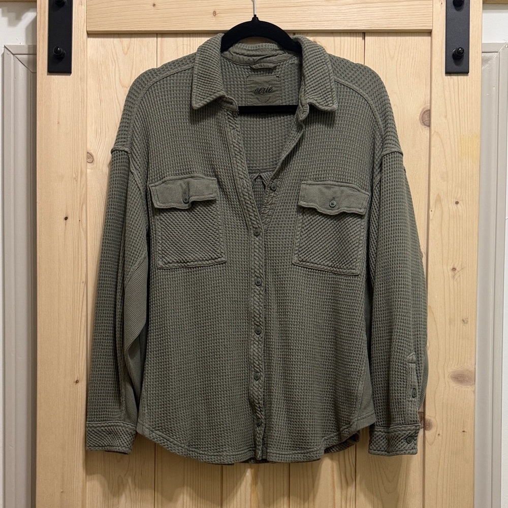 aerie Olive Waffle-Knit button down shirt